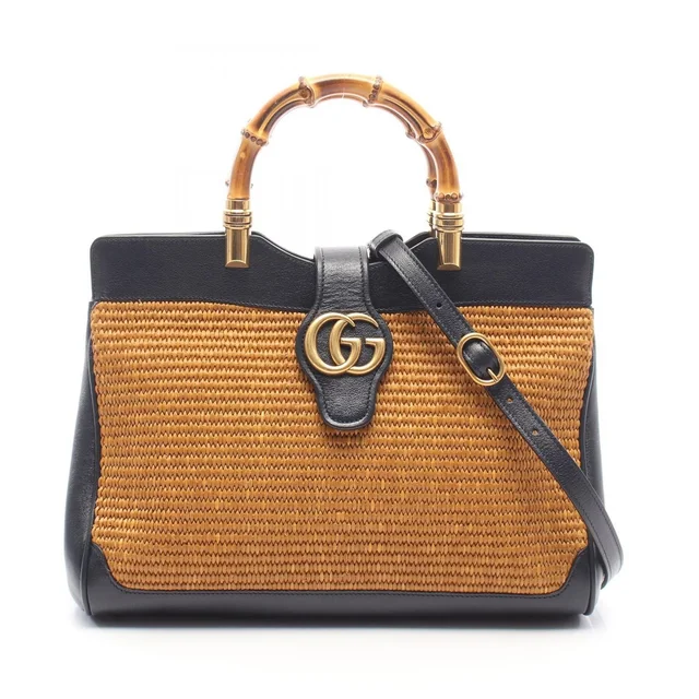 Gucci Handbag GG Marmont Bamboo 2-Way Brown Navy Leather Handle Tote in Brown Leather from The Reluxe