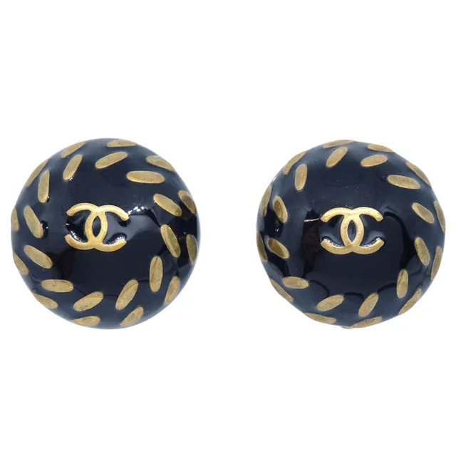 Chanel Button Clip-On Earrings Black Gold 98P in Black Resin from AMORE Vintage Tokyo