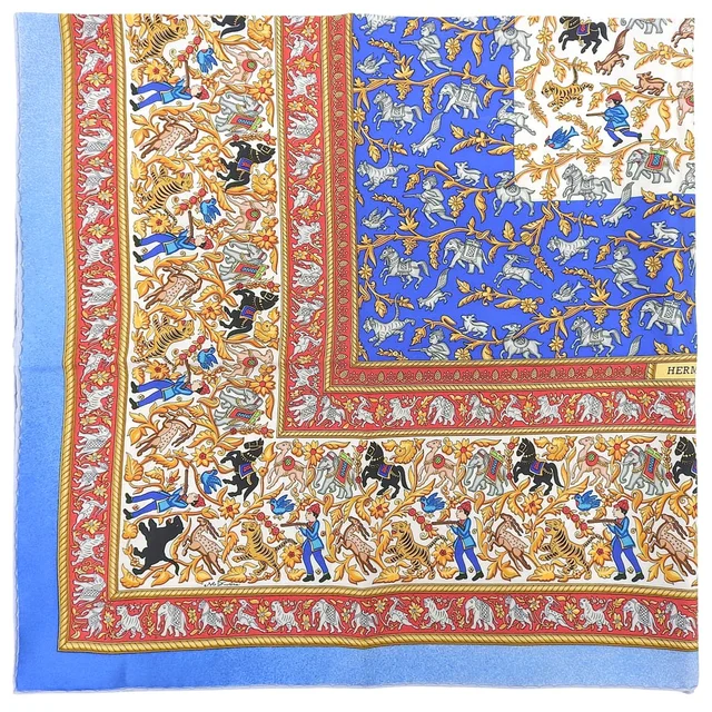 Hermès Carre 90 CHASSE EN INDE Scarf Blue/Multi in Blue Silk from VINTAGE QOO TOKYO, photo 2 of 10
