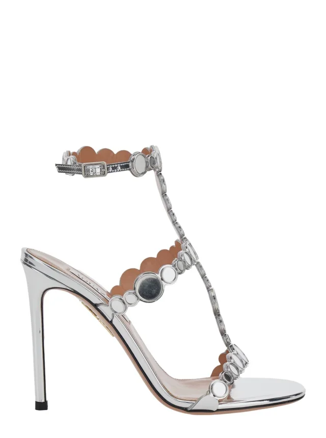 Aquazzura 'Afterglow' Metallic Sandals with Adjustable Straps and High Stiletto Heel in Leather for Women in 100% Synthetic Leather, image 1 of 1 from Gaudenzi Boutique