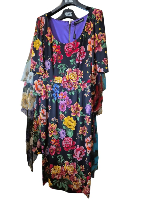 Dolce & Gabbana Dress Midi Short Sleeve Multicolour Flowers from Luxury Promise