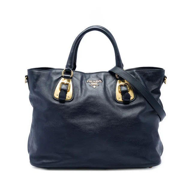 Blue Prada Soft Calfskin Open Convertible Shopping Tote Satchel in Blue Calfskin from Designer Revival