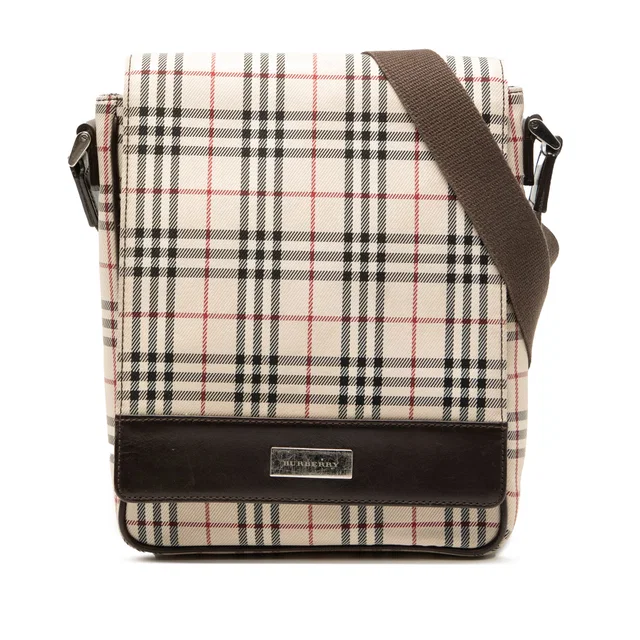 Brown Burberry House Check Canvas Flap Crossbody in Brown Canvas from Designer Revival
