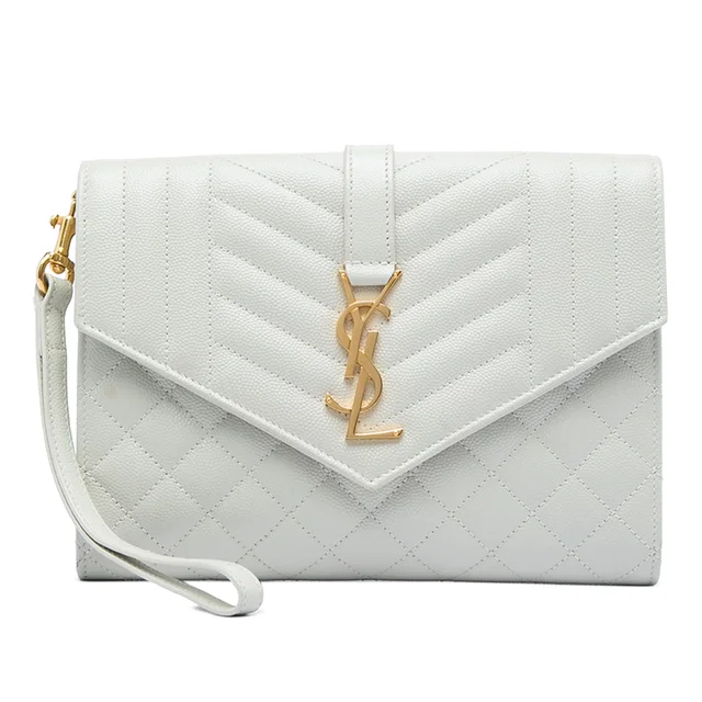 White Saint Laurent Grain De Poudre Triquilt Monogram Envelope Clutch in White Leather from Designer Revival