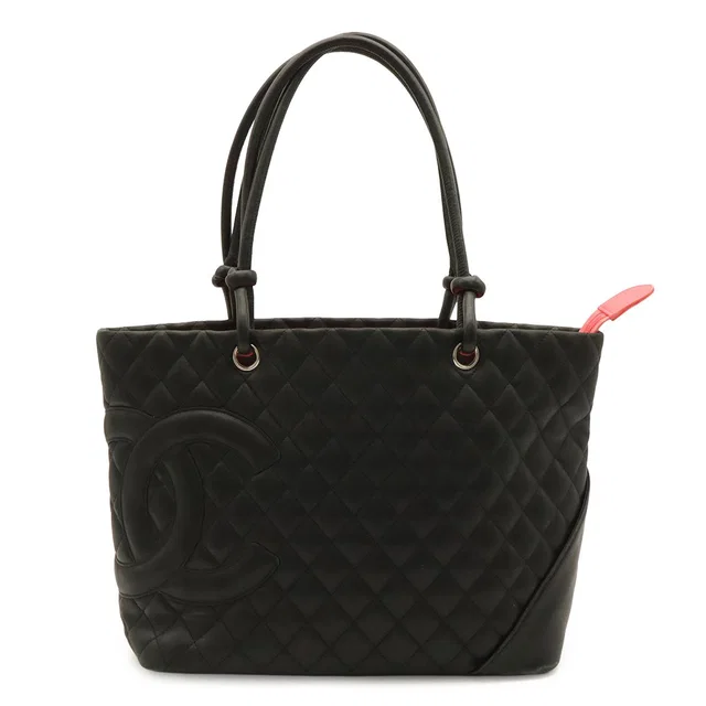 Chanel Cambon Line CC Logo Large Tote Shoulder Bag Soft Calfskin Black Pink in Black Calfskin from The Reluxe