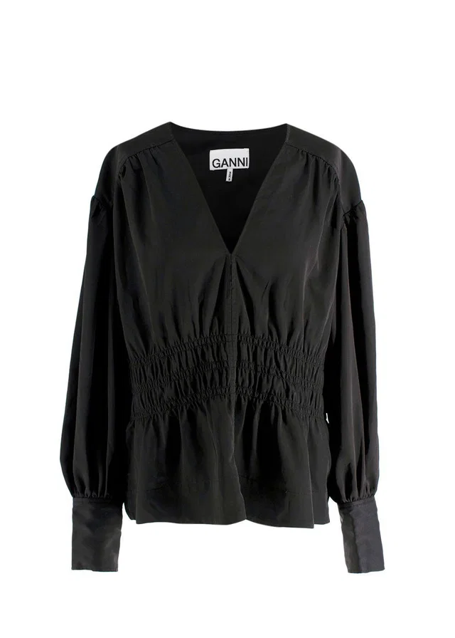 GANNI Black V Neck Ruched Blouse in Black from HEWI