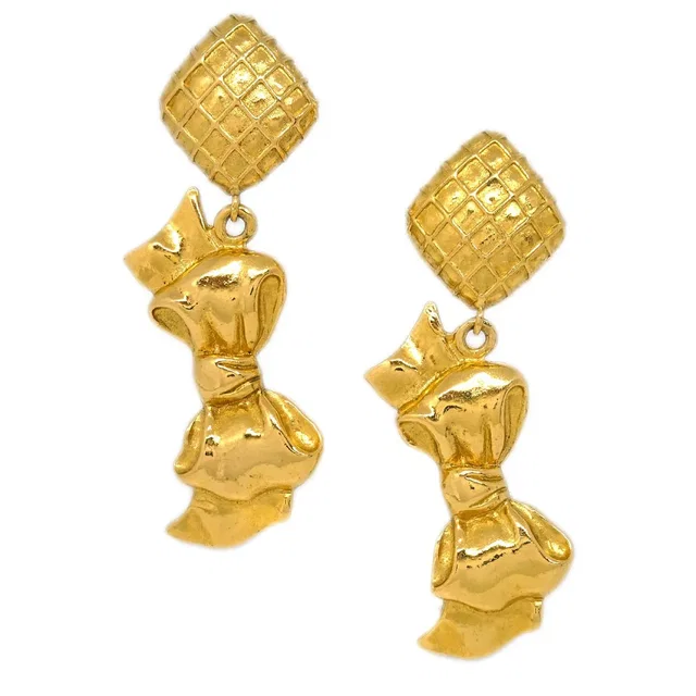 Chanel Bow Rhombus Dangle Earrings Clip-On Gold in Gold from AMORE Vintage Tokyo