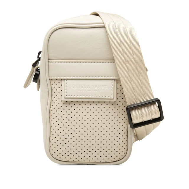 White Bottega Veneta Perforated Calfskin Leggero Crossbody in White Calfskin from Designer Revival