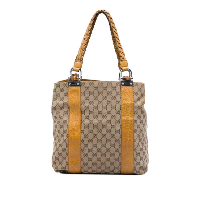 Beige Gucci Large GG Canvas Bamboo Libeccio Tote in Beige Canvas from Designer Revival
