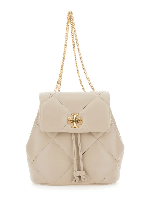 'Kira' Beige Backpack with Metallic Logo Plate on Front in Quilted Leather for Women in Beige, image 1 of 1 from Gaudenzi Boutique