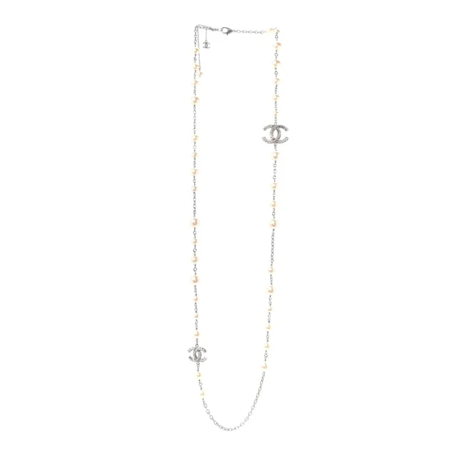 Chanel Graduated Pearl Crystal CC Long Necklace Silver in Silver from FASHIONPHILE, photo 3 of 5