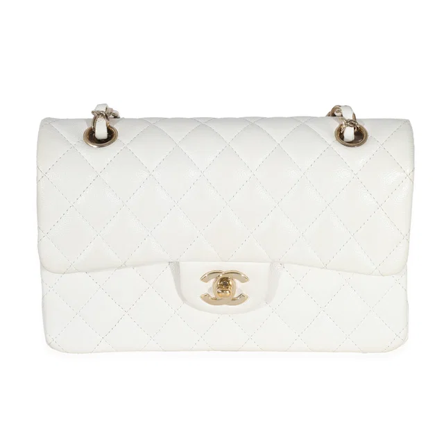 Chanel White Quilted Caviar Small Classic Double Flap Handbag Leather in White Caviar leather from HEWI