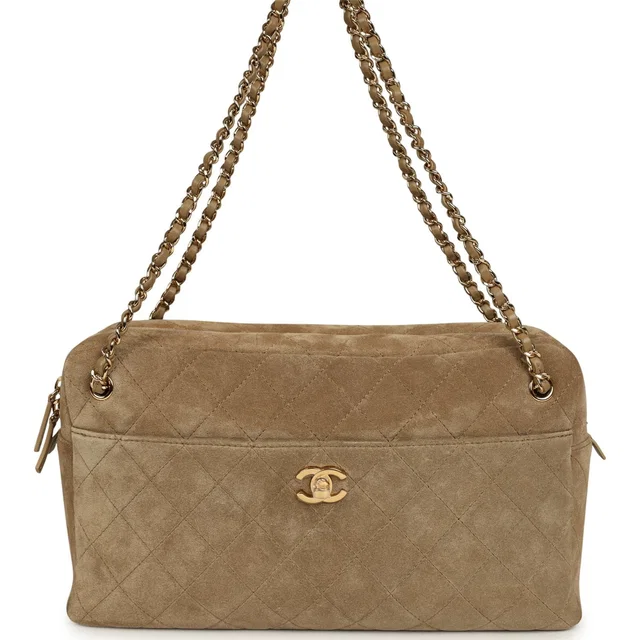Chanel Maxi "Camerissimo" Camera Case Dark Beige Suede Gold Hardware in Beige Suede from Madison Avenue Couture