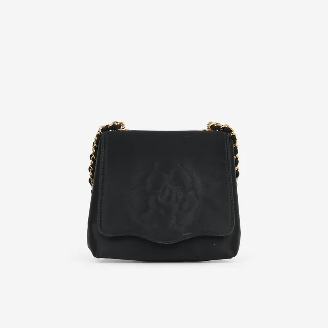 Chanel Vintage Camellia Clutch On Chain - Black Satin | Gold Hardware in Black Satin from Bagista
