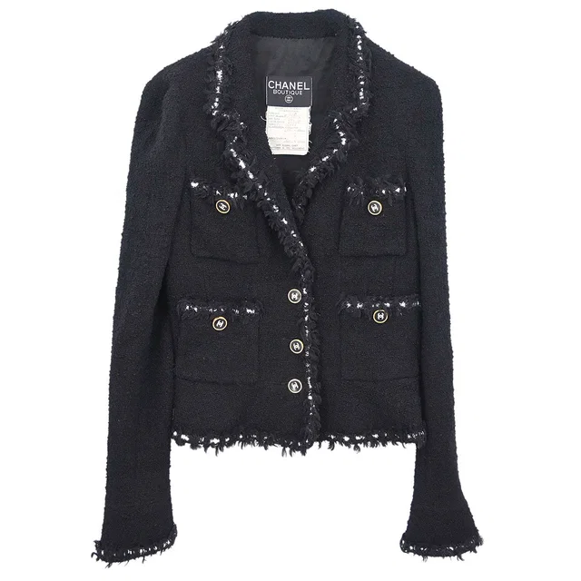 Chanel 1994AW Boutique Museum Black Jacket Braided Trim CC Buttons #38 in Black Wool from AMORE Vintage Tokyo