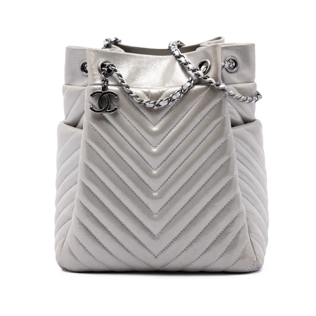 Silver Chanel Small Chevron Iridescent Calfskin Urban Spirit Bucket Bag in Silver Calfskin from Designer Revival