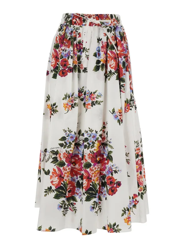 DOLCE E GABBANA White Long Skirt with Floral Print and Elastic Waist in Cotton for Women in White 100% Cotton, photo 2 of 6 from Gaudenzi Boutique