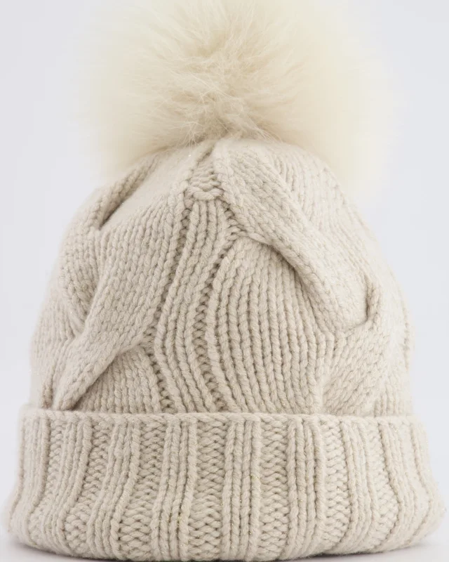 Loro Piana and Gold Beanie Hat with Fox Fur Pom in Beige Nylon from Sellier, photo 2 of 4
