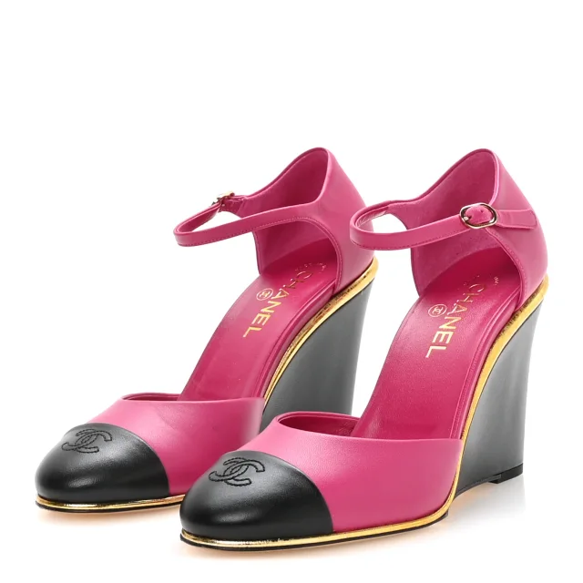 Chanel Cap Toe Open Wedge Pumps 40 Fuchsia Black in Black Lambskin from FASHIONPHILE, photo 4 of 9