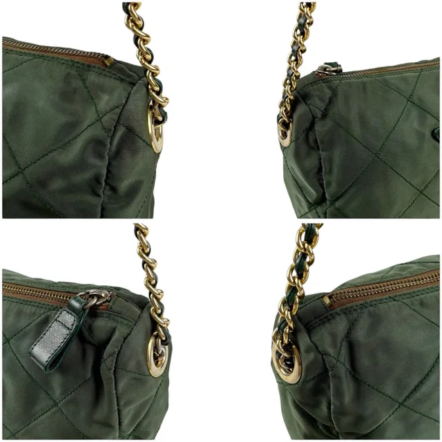 Prada Triangle Logo Chain Shoulder Bag Quilted Tessuto Nylon Khaki Green in Green Nylon from The Reluxe, photo 3 of 3