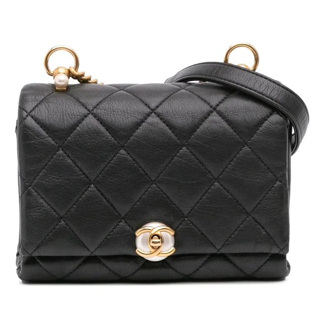 Black Chanel Mini Quilted Calfskin Pearl CC Accordion Flap Crossbody Bag in Black Calfskin from Designer Revival