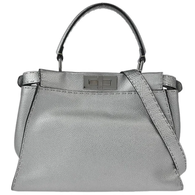 Fendi Silver Leather Peekaboo 2way Shoulder Handbag in Silver Leather from AMORE Vintage Tokyo