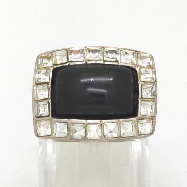 Chanel CC Logo Square Ring Rhinestone Black Color Resin Silver Metal Vintage in Black Resin from The Reluxe