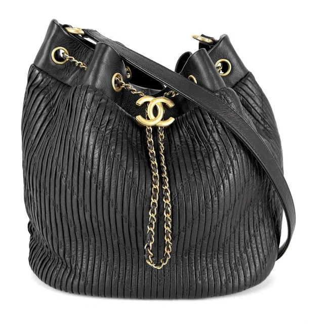 Chanel Shoulder Bag CC Logo Stitch Drawstring Crossbody Lambskin Black Gold in Black Lambskin from The Reluxe