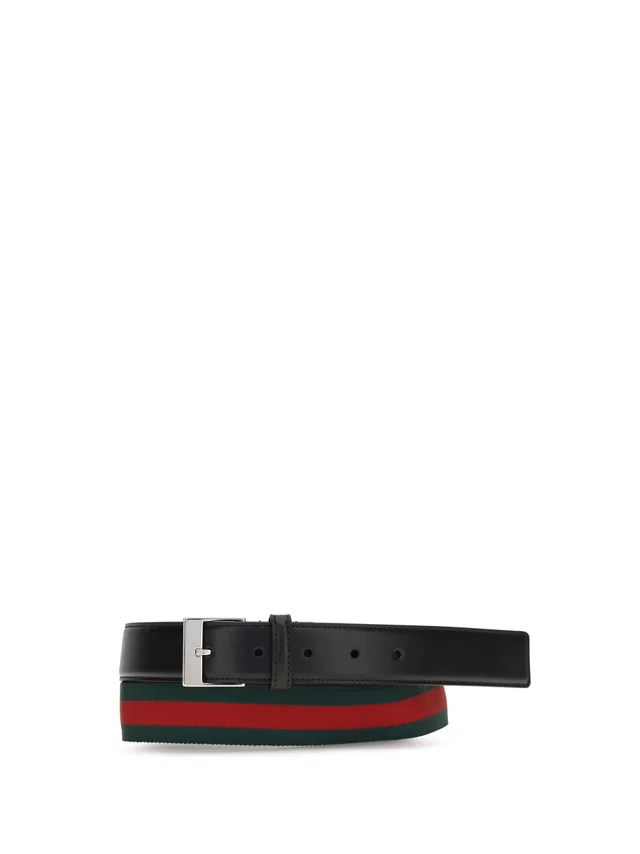 Gucci Square-Buckle Web Stripe Belt — Black Calf Leather in Black Calfskin from HEWI