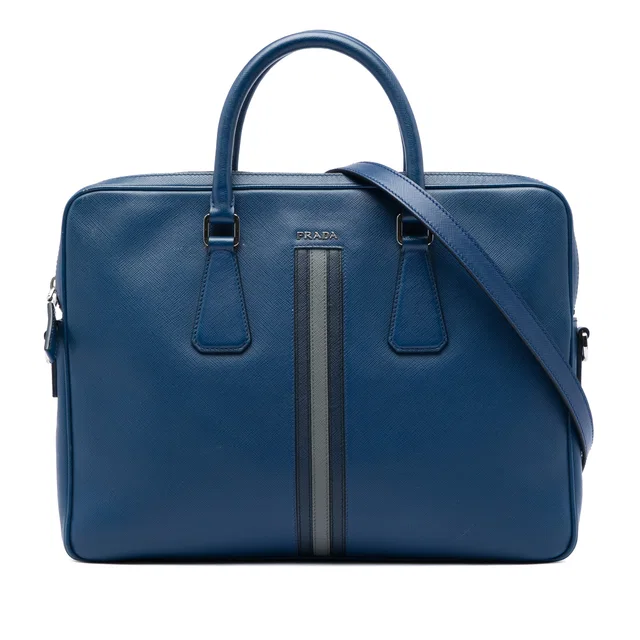 Blue Prada Saffiano Striped Business Bag in Blue Saffiano leather from Designer Revival