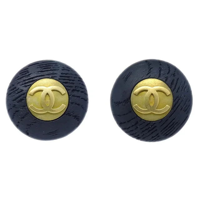 Chanel Button Earrings Gold Black Clip-On 94P in Black from AMORE Vintage Tokyo