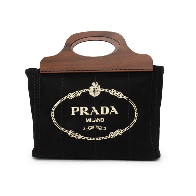 Prada Wood Handle Canapa Tote in Black Canvas from Blue Spinach