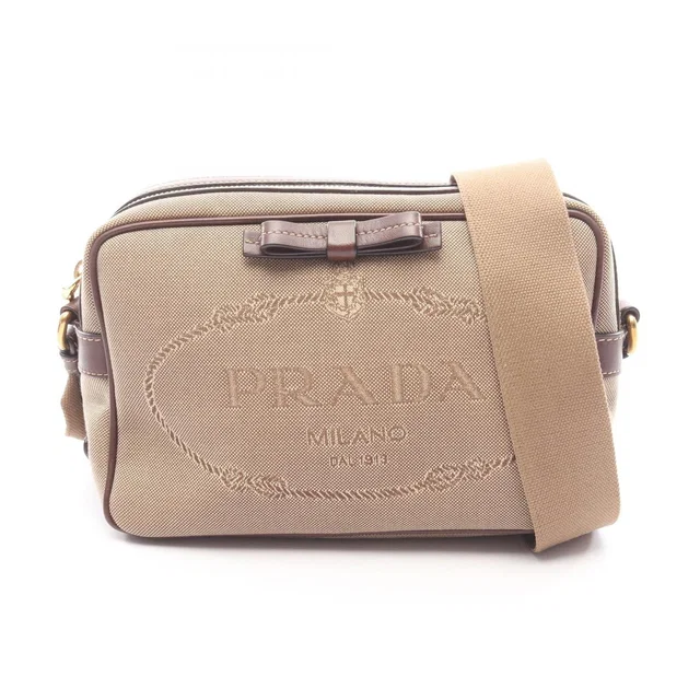 Prada Shoulder Bag Logo Jacquard Beige Canvas Leather Ribbon in Beige Canvas from The Reluxe