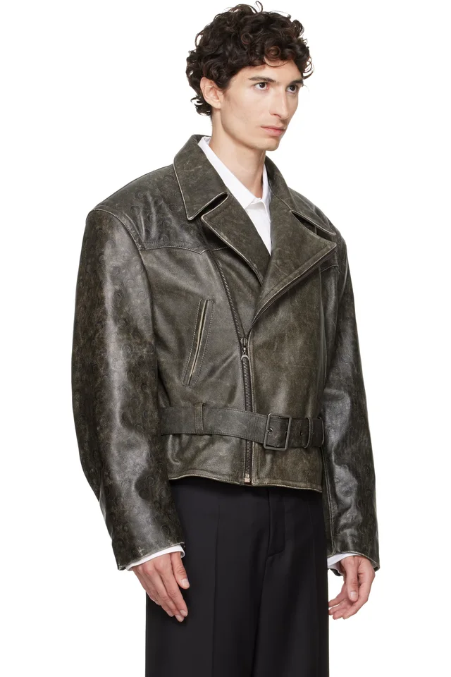 Marine Serre Gray Vintage Moon Leather Biker Jacket, photo 2 of 4 from SSENSE