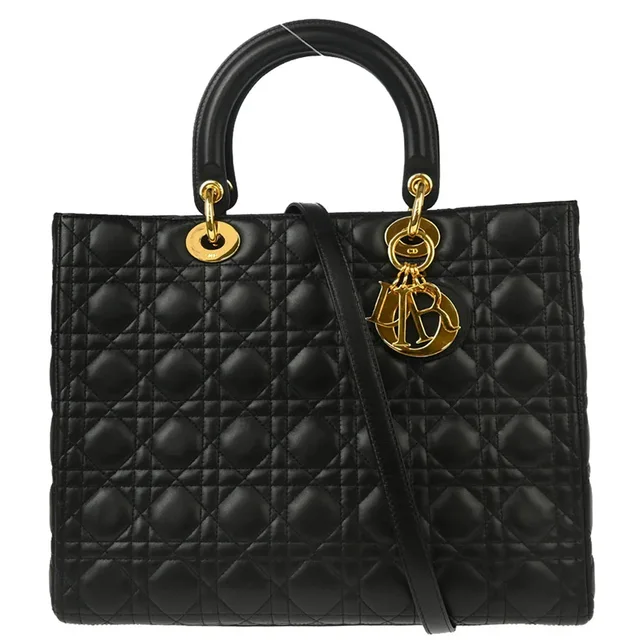 2000 Black Lambskin Large Lady Dior Cannage 2way Shoulder Handbag in Black Lambskin from AMORE Vintage Tokyo
