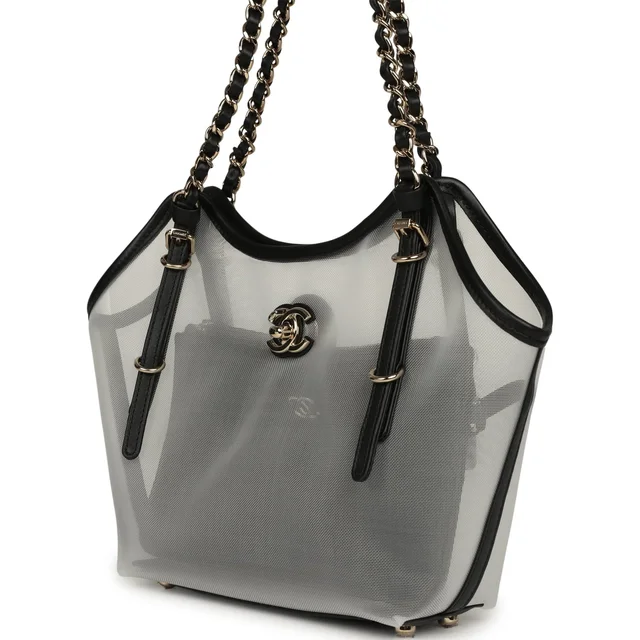 Chanel Small Coco Beach Shopping Bag Transparent Mesh and Black Calfskin Light Gold Hardware in Black Calfskin from Madison Avenue Couture, photo 2 of 2