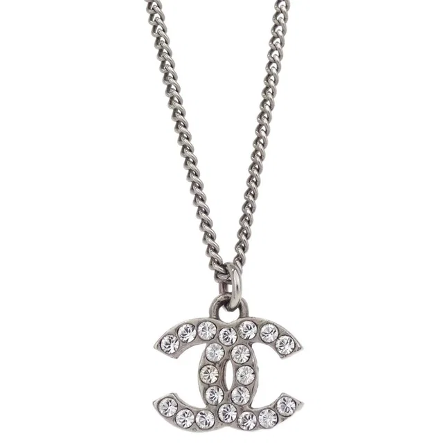 Chanel CC Chain Necklace Pendant Silver Rhinestone F12V in Silver from AMORE Vintage Tokyo