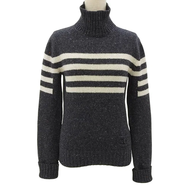 Chanel 2008 Border Pattern CC Mark Design Knit Top #38 Gray/Ivory in White Wool from VINTAGE QOO TOKYO