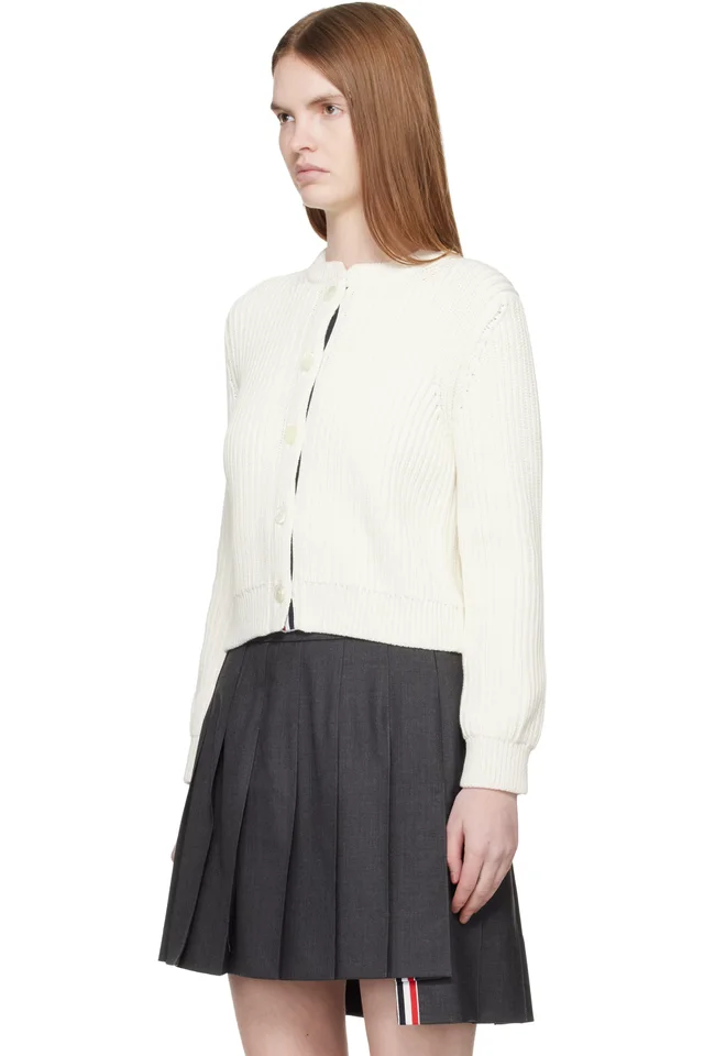 Thom Browne White Full Stitch Cropped Crew Neck Cardigan, photo 4 of 5 from SSENSE