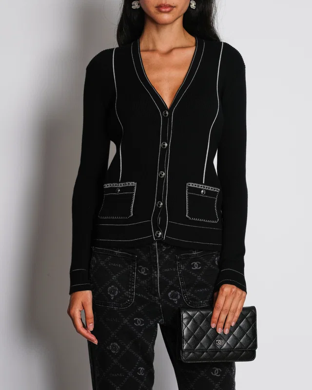 Chanel 20/K Black V-Neck Cardigan with White Contrast Trim Size FR 38 (UK 10) in Black from Sellier