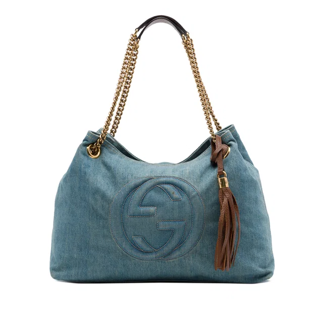 Blue Gucci Medium Denim Soho Chain Tote in Blue Denim from Designer Revival