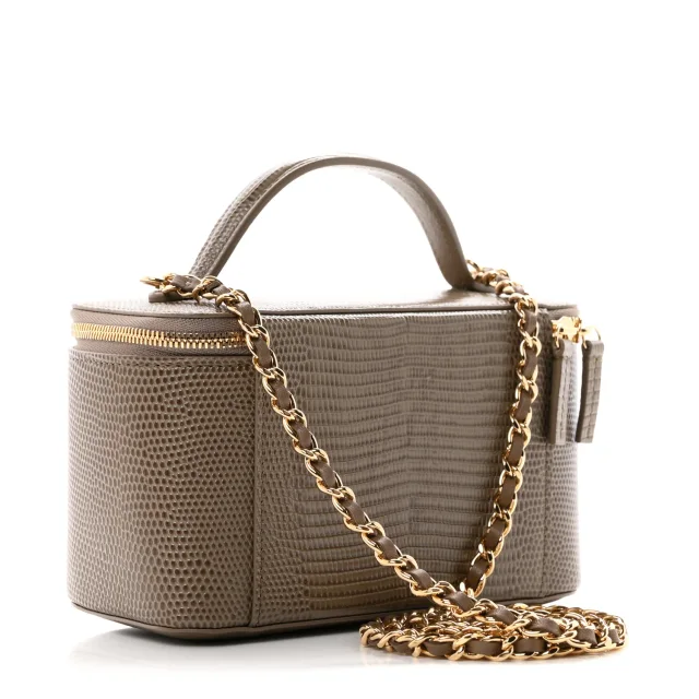 Chanel Lizard Embossed Top Handle Vanity With Chain Dark Khaki in Green Calfskin from FASHIONPHILE, photo 3 of 11