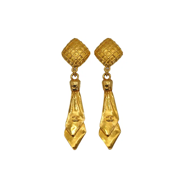 Chanel Vintage Earrings Necktie Motif Cocomark Swing Gold Accessory in Gold from Luxury Promise