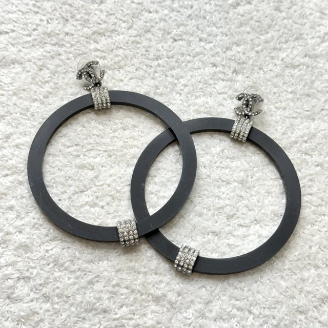 Chanel Crystal CC Logo Hoop Earrings in Black from Revivre Luxury Consignment