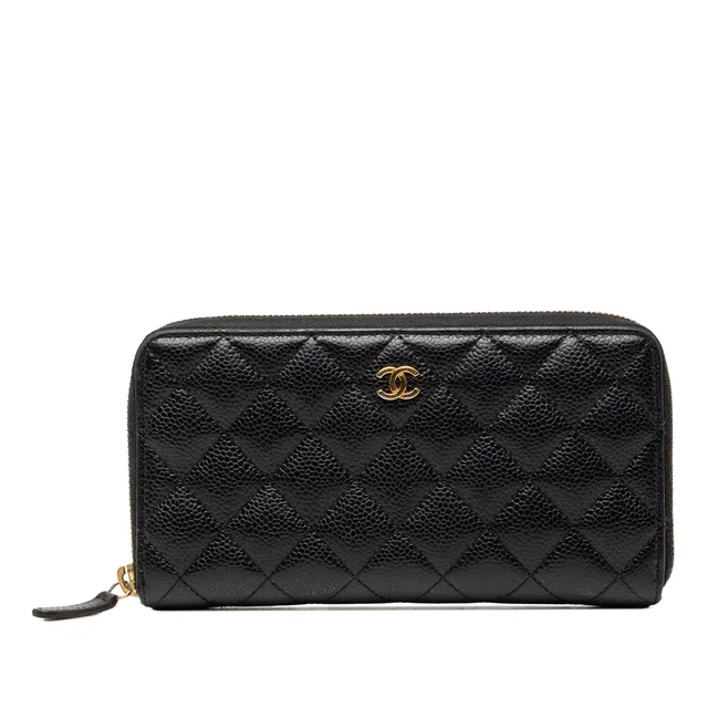 Black Chanel CC Quilted Caviar Zip Around Long Wallet in Black Caviar leather from Designer Revival