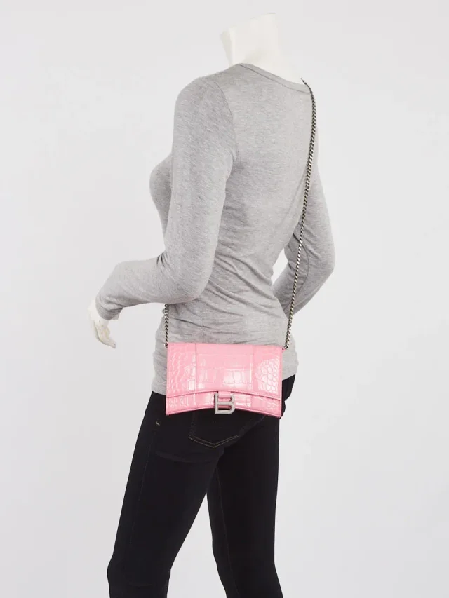 Balenciaga Pink Croc Embossed Leather Soft Hourglass Wallet On Chain Bag in Pink Crocodile from Yoogis, photo 2 of 12