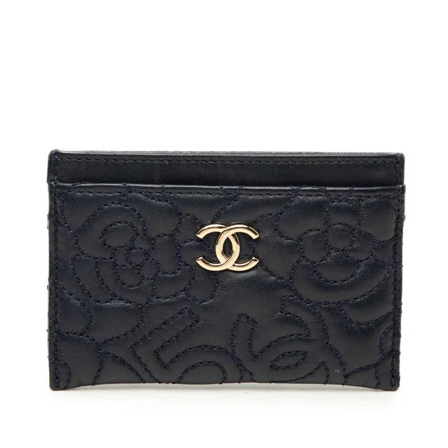 Blue Chanel CC Embossed Lambskin Camellia Card Holder in Blue Lambskin from Designer Revival