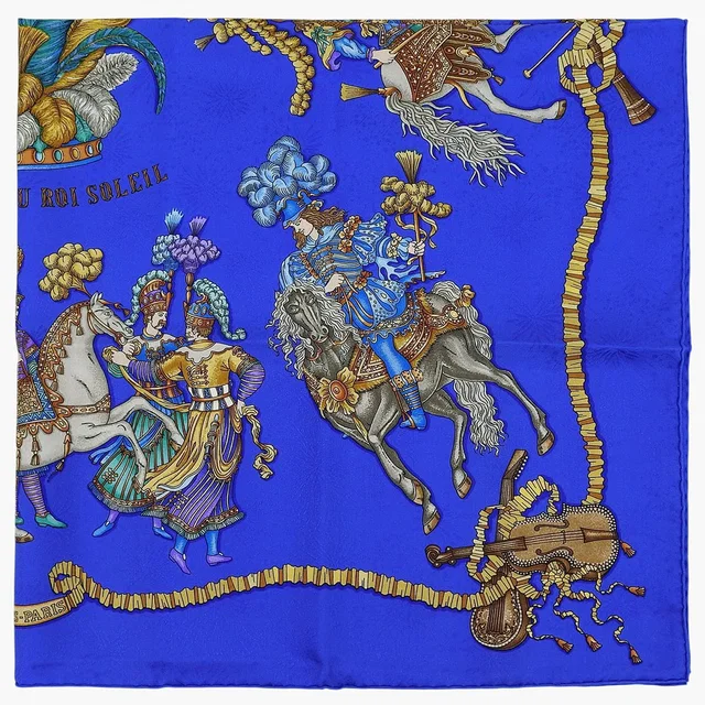 Hermès Scarf LES FETES DU ROI SOLEIL Blue/Multi in Blue Silk from VINTAGE QOO TOKYO