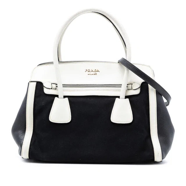 Black Prada Bicolor Saffiano Cuir Trimmed Canvas Satchel in Black Saffiano leather from Designer Revival