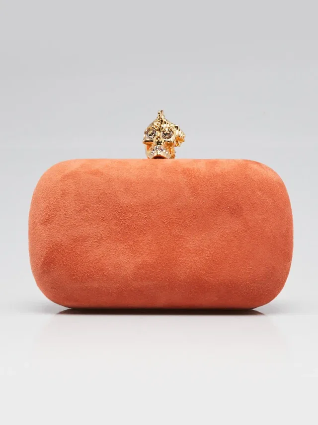 Alexander McQueen Orange Suede Skull Box Clutch Bag in Orange Suede from Yoogis